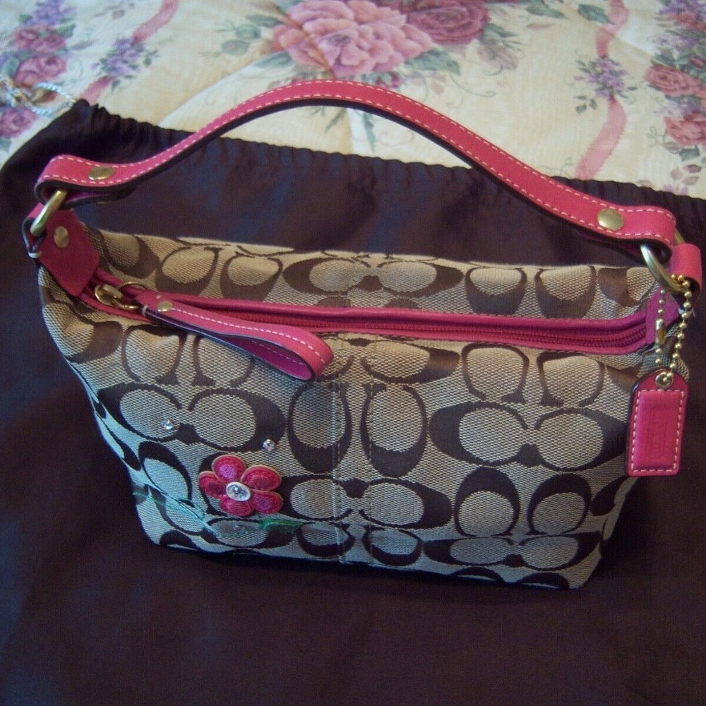 Coach Khaki Sig W/Pink Leather Small Handbag